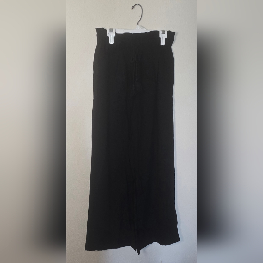 Hem & Thread Black Wide Leg Summer Pants Linen Blend High Waist Drawstring New M